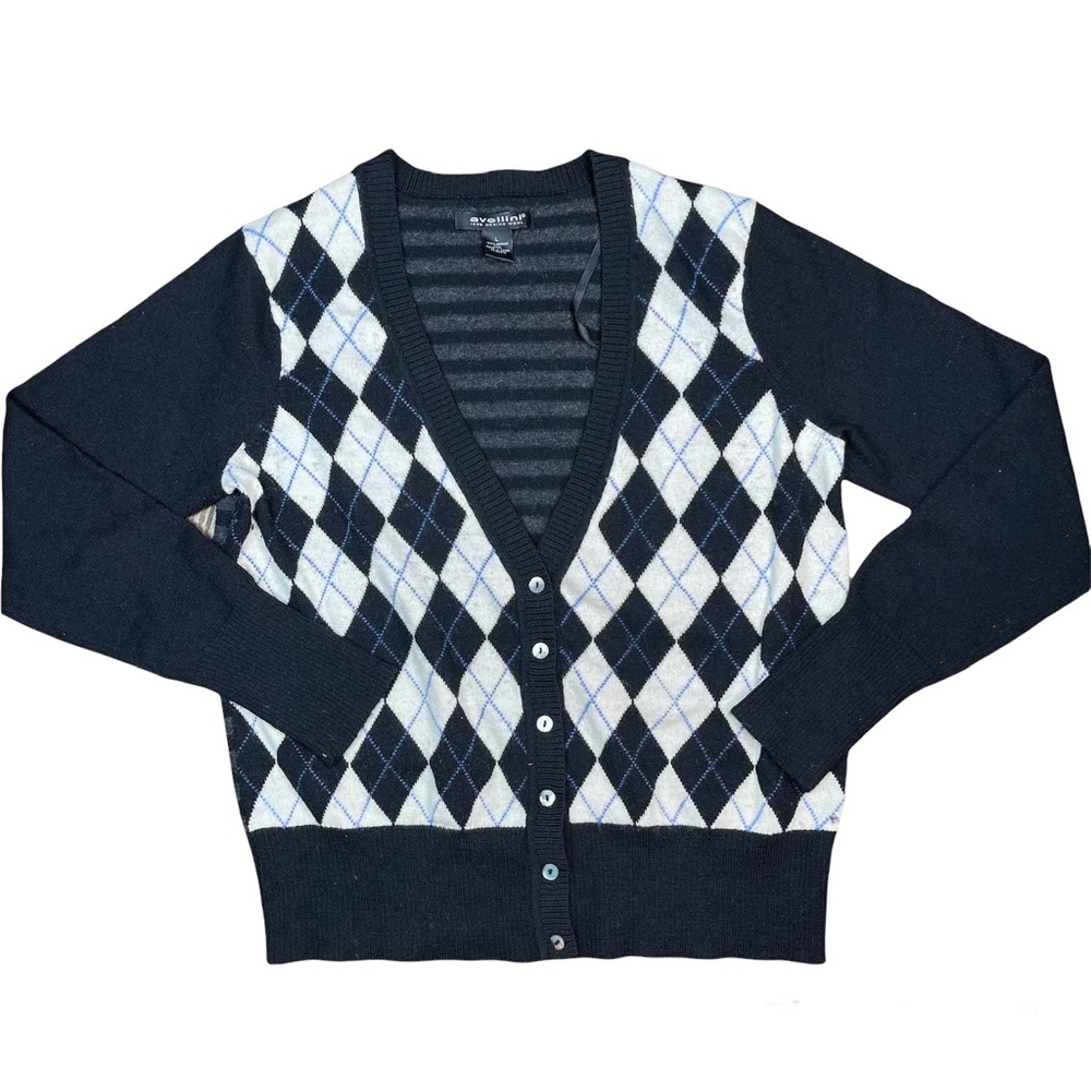 Avellini 100% Merino Wool Argyle Button Cardigan Black White Sweater Size M
